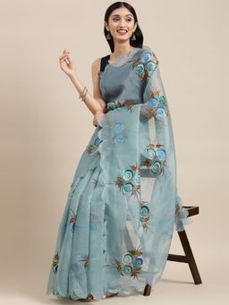 Vastranand - Solid Organza Party Wear Saree With Hand Paint Flower Butta- Blue with Unstitched Blouse