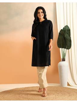 Fabindia - Black Cotton Pintucks Knee Length Kurta