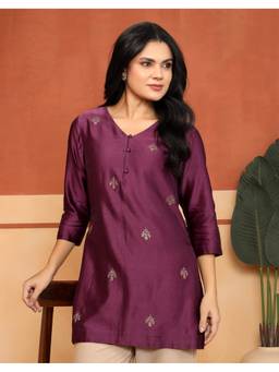 Fabindia - Wine Cotton Silk Embroidered Slim Fit Short Kurti