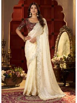 RAAG VARNAM - Cream Colour Satin Silk Saree