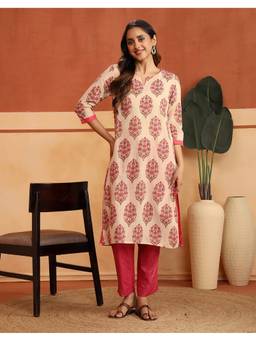 Fabindia - Beige-Pink Cotton Printed Long Kurta