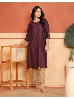 Fabindia - Burgundy Cotton Silk Hand Embroidered Long Kurta