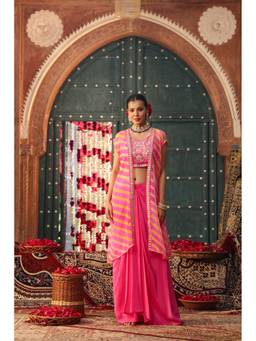 Scakhi - Pink Leheriya Chiffon Embroidered Skirt with Blouse and Shrug