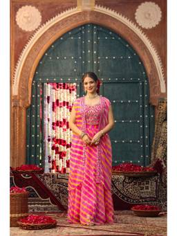 Scakhi - Pink Leheriya Chiffon Embroidered Skirt with Blouse and Shrug