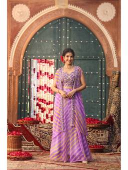 Scakhi - Purple Leheriya Chiffon Embroidered Skirt with Blouse and Shrug