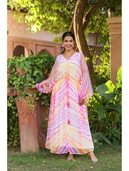 Scakhi - Pink Leheriya Chiffon Sheer Kaftan Dress With Inner