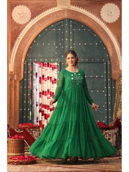 Scakhi - Green Bandhani Georgette Mirror Work Tiered Maxi Dress