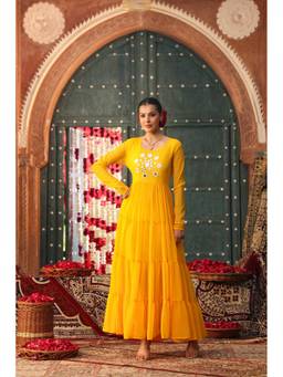 Scakhi - Yellow Bandhani Georgette Mirror Work Tiered Maxi Dress