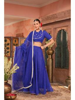 Scakhi - Blue Mothra Printed Mirror Embroidered Lehenga with Blouse and Dupatta