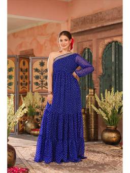 Scakhi - Blue Bandhani Georgette One Shoulder Tiered Maxi Dress