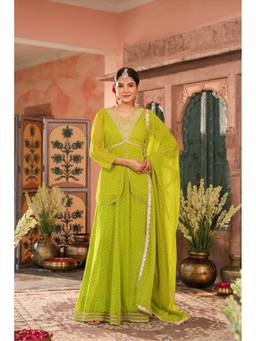 Scakhi - Green Bandhani Printed Embroidered Lehenga with Kurti and Dupatta
