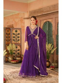 Scakhi - Purple Bandhani Printed Embroidered Lehenga with Kurti and Dupatta