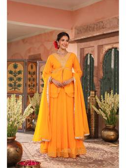 Scakhi - Yellow Bandhani Printed Embroidered Lehenga with Kurti and Dupatta