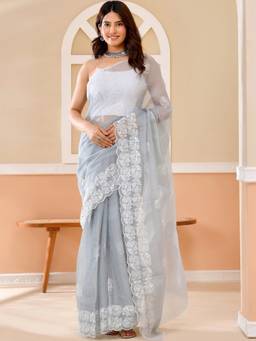 Doria Lifestyle - White Floral Embroidered Grey Kota Doria Saree