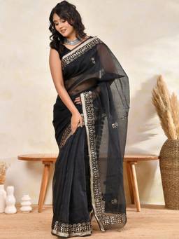 Doria Lifestyle - Black Gota Patti Work Zari Border Kota Doria Saree