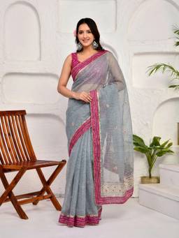 Doria Lifestyle - Grey Gota Patti Detailing Bandhani Border Kota Doria Saree