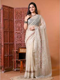 Doria Lifestyle - Cream Floral Embroidered Kota Saree