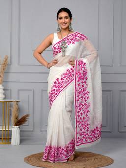 Doria Lifestyle - White Ethnic Motifs Embroidered Kota Saree