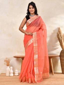 Doria Lifestyle - Peach Embellished Zari Designer Kota Saree