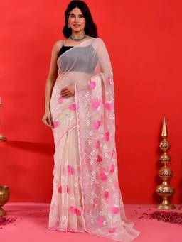 Doria Lifestyle - Beige Floral Embroidered Designer Kota Saree