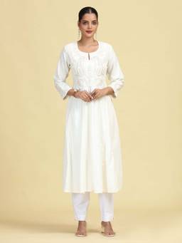 Cotton Culture - Off White Flared Embroidered A-Line Kurta