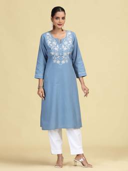 Cotton Culture - Blue Embroidered Handloom Cotton Straight Kurta