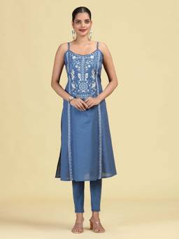 Cotton Culture - Denim Blue Pure Cotton Embroidered Straight Kurta