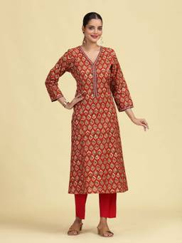 Cotton Culture - Rust A-Line Geometric Printed Cotton Kurta