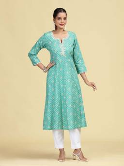Cotton Culture - Turquoise Floral Embroidered Printed A-Line Pure Cotton Kurta