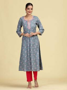 Cotton Culture - Grey Floral Embroidered Printed A-Line Pure Cotton Kurta