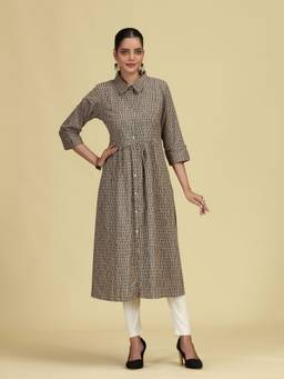 Cotton Culture - Beige Pure Cotton Printed A-Line Shirt Collar Kurta
