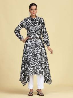 Cotton Culture - Black Floral Printed Pure Cotton High-Low A-Line Kurta