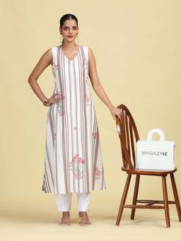 Cotton Culture - Off White Handloom Cotton Floral Embroidered Sleeveless Kurta