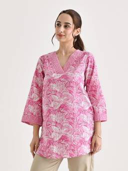 Rustorange - Baby Pink Printed Sanganeri Cotton Tunic