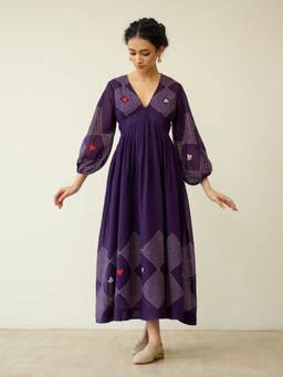 Rustorange - Purple Solitaire Kota Doria Cotton Dress