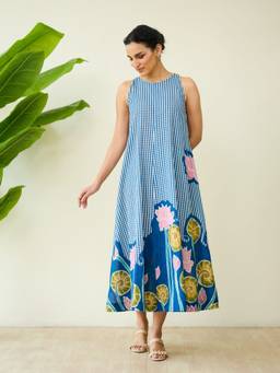 Rustorange - Blue Mrinal Slub Cotton Summer Dress