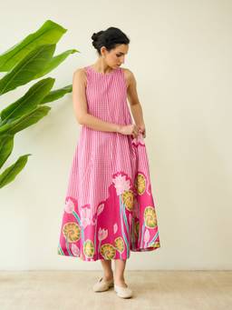 Rustorange - Pink Mrinal Slub Cotton Summer Dress