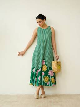Rustorange - Green Mrinal Slub Cotton Summer Dress