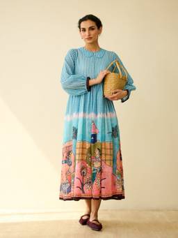 Rustorange - Turquoise Tira Kota Doria Cotton Fun Dress