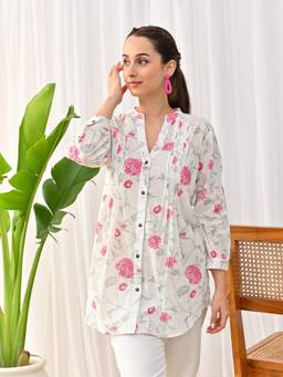Rustorange - White Sanganeri Printed Shirt Style Tunic