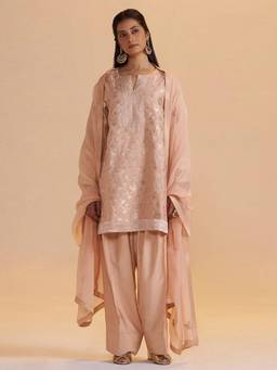 Ganga Fashions - Blush Peach Pure Banarasi Jacquard Kurta with Salwar and Dupatta