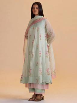 Ganga Fashions - Green Silk Anarkali Kurta with Pant and Dupatta with Slip