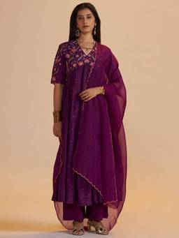 Ganga Fashions - Purple Raw Silk Festive Anarkali Kurta with Pant and Dupatta
