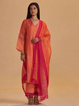 Ganga Fashions - Orange Silk Festival Anarkali Kurta with Pant and Dupatta