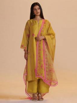 Ganga Fashions - Yellow Silk Festive Anarkali Kurta with Pant and Dupatta