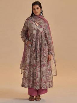 Ganga Fashions - Mauve and Beige Orgenza Silk Anarkali Kurta with Pant and Dupatta