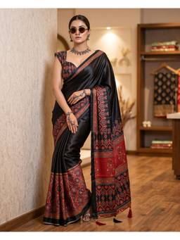 FLOSIVE - Black Pure Ajrakh Satin Silk Mirror Work Saree