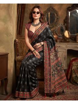 FLOSIVE - Pure Ajrakh Black Satin Silk with Original Mirror Work Saree