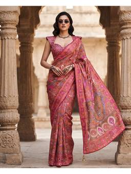FLOSIVE - Pink Pure Ajrakh Satin Silk with Original Mirror Work Saree