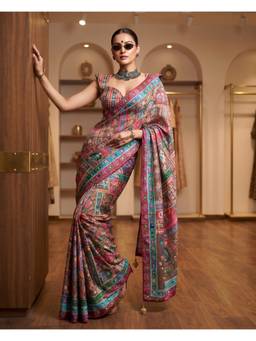 FLOSIVE - Multi-Color Pure Ajrakh Satin Silk with Original Mirror Work Saree